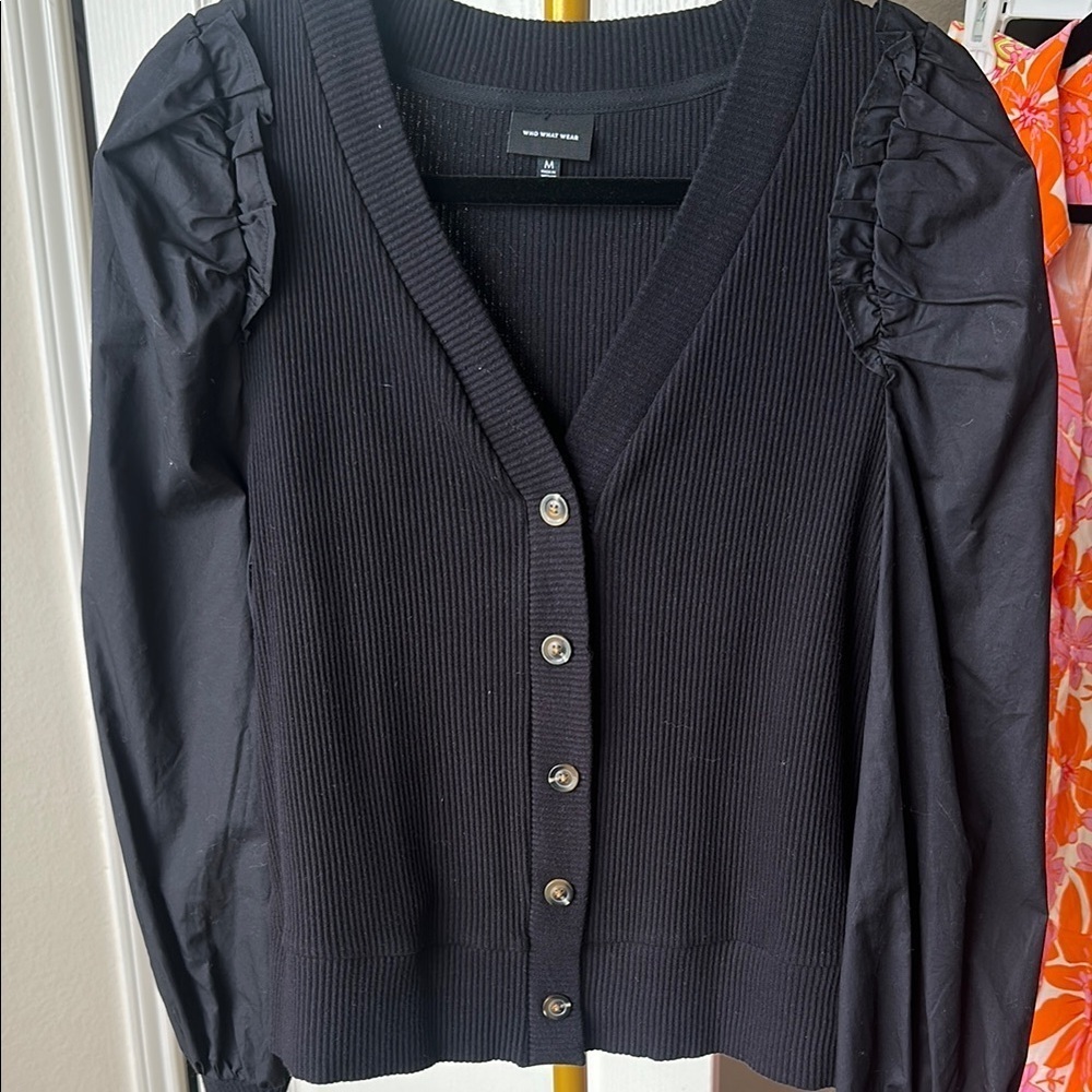 Who What Wear Black Cardigan with Ruffled Sleeves